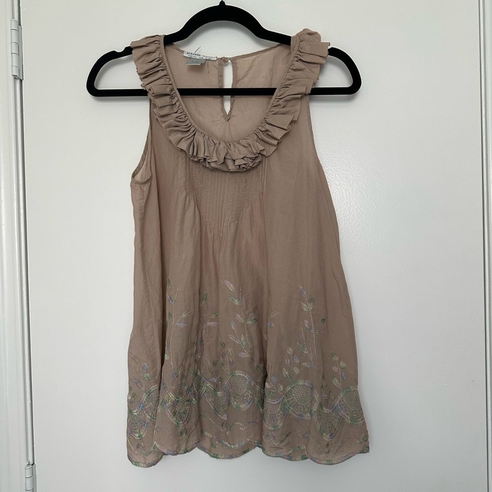 Alberto Makali 100% Silk Embroidered Ruffle Blouse Tan Boho Cottagecore Sz Small